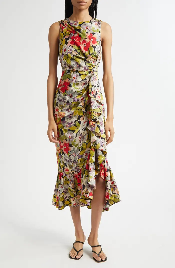 Canyon Bloom Elvira Ruffle Sleeveless Silk Midi Dress | Nordstrom Rack