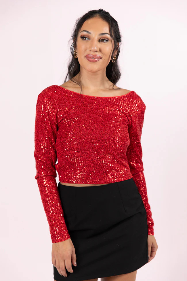 Tidings To You Red Smocked Back Sequin Top | Pink Lily