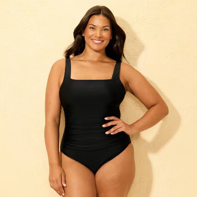 Women's Shirred Tummy Control Square Neck Full Coverage One Piece Swimsuit - Shade & Shore™ Black S | Target