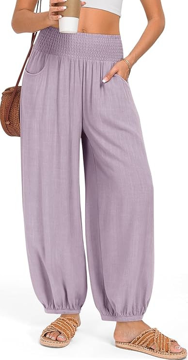 TARSE Womens Linen Wide Leg Pants Casual Loose Elastic Waisted Barrel Beach Palazzo Pants with Po... | Amazon (US)