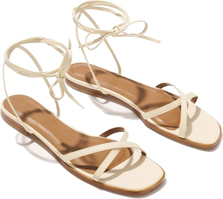 Strappy Flats Sandals for Women Summer Gladiator Lace Up Flat Sandals Open Square Toe Casual Beac... | Amazon (US)