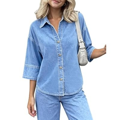 Denim Shirt Women Oversized Button Down Jean Blouse 3/4 Sleeve Casual Lightweight Shor… | Amazon (US)