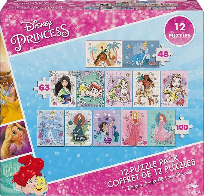 Spin Master Games, Disney Princess, 12-Puzzle Pack with 48-Piece, 63-Piece, & 100-Piece Disney Pu... | Amazon (US)