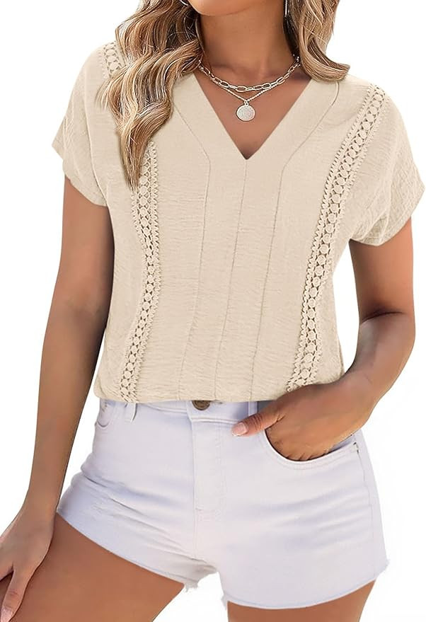 PRETTYGARDEN Blouses for Women Dressy Casual Spring 2026 Cap Sleeve V Neck Lace Trim Boho Tops Wo... | Amazon (US)