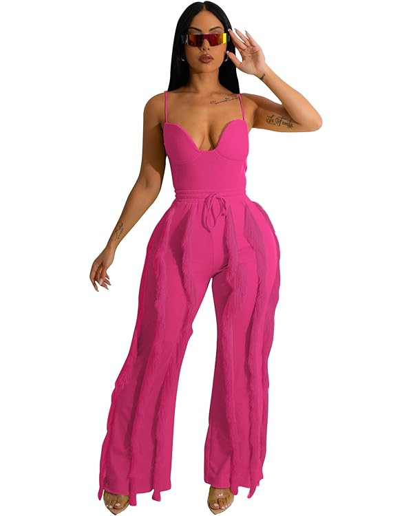 PRIVIMIX Women 2 Piece Outfits Fringe Tassel Long Pants Set Adjustable Suspenders Bodysuit Spaghe... | Amazon (US)