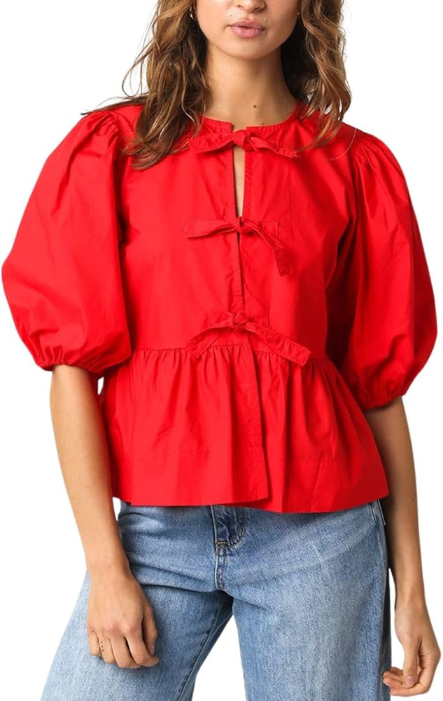 Womens Puff Sleeve Tie Front Blouse Tie Front Half Sleeve Top | Amazon (US)