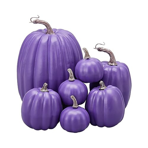 7Pcs Artificial Pumpkins Fall Decoration Assorted Faux Pumpkin Cute Foam Pumpkins for Home Outside Halloween Decorating (Purple1, One Size) | Amazon (US)