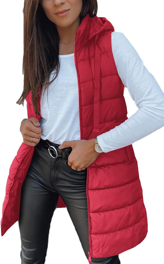 Veatzaer Women Long Vest Sleeveless Hood Winter Puffer Vest Outwear | Solid Color,Pocket,Lightwei... | Amazon (US)