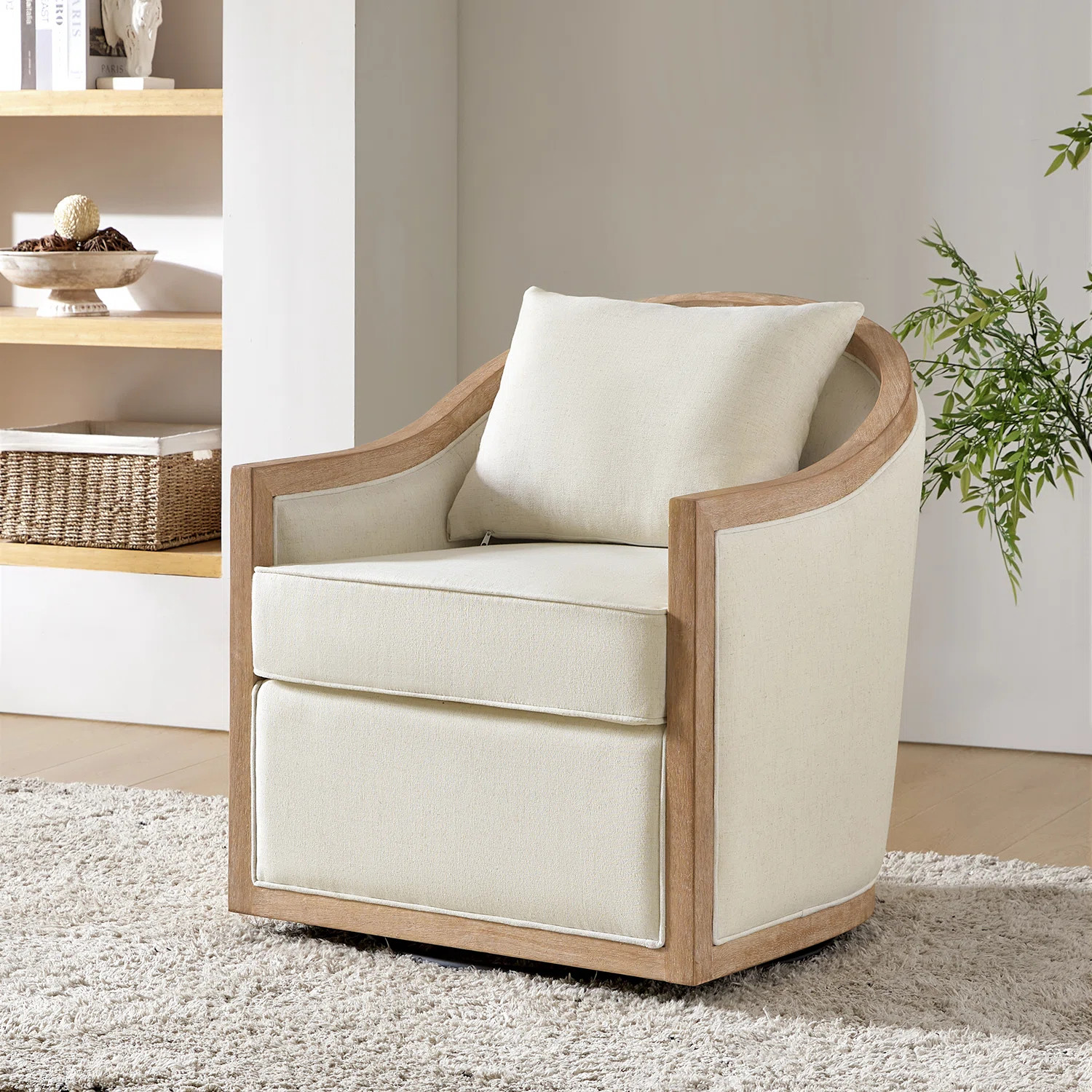 Manja Jess Farmhouse Edging Swivel Barrel Chair with Toss Pillows | Wayfair North America