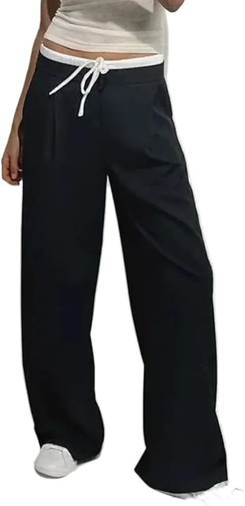 Female Wide Leg Pants Women Vintage Solid Straight Pants Side Zipper Drawstring Casual Trousers | Amazon (US)