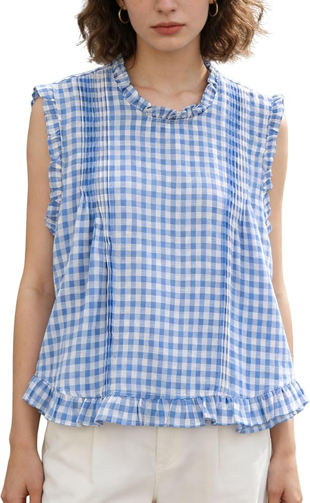 Xiaoxuemeng Womens Sleeveless Plaid Top Retro Back Button Down Shirt Casual Summer Vest Blouse | Amazon (US)