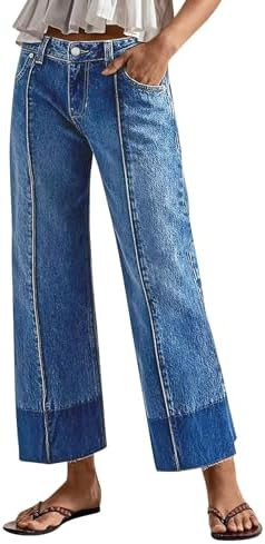 Flamingals Mid Rise Straight Leg Crop Jeans for Women Two Tone Raw Hem Seam Front Casual Trendy D... | Amazon (US)