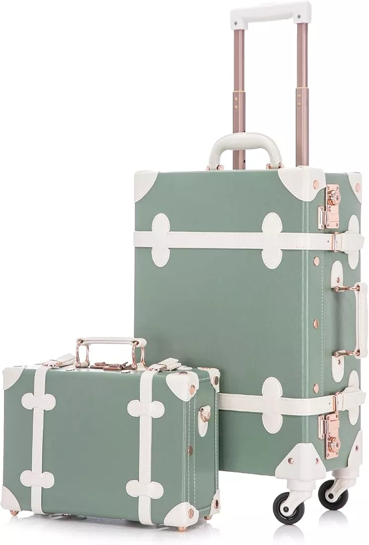 urecity vintage suitcase set for women, vintage luggage sets for women 2  piece, cute designer trunk luggage(Elegant Pink)