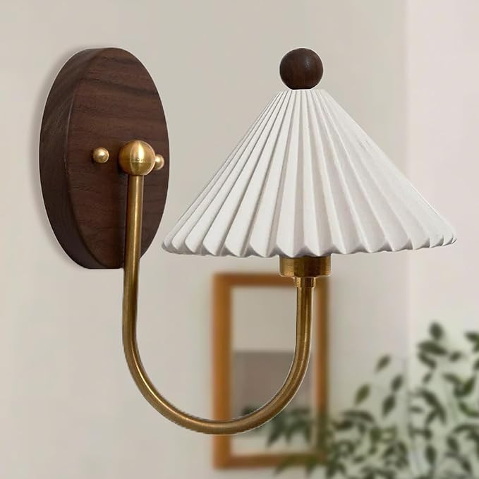 Vintage Aged Brass Ceramic Wall Sconce, Wall Mounted Light of White Pleated Shade & Wooden Backpl... | Amazon (US)