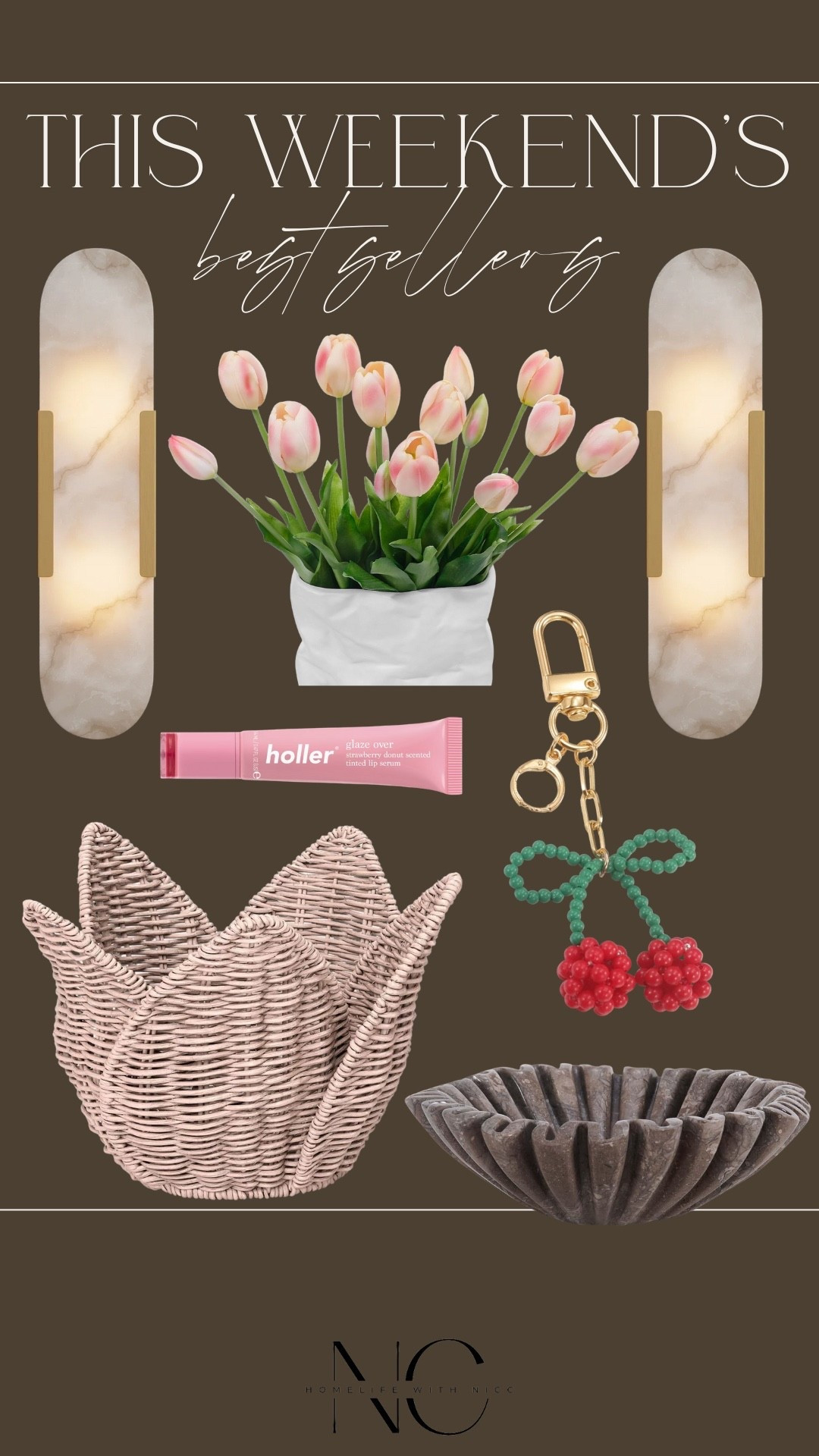 This weekend’s top sellers! Target love basket (tulip shaped and so cute), lip gloss charm and matching lippie, beautiful marble sconces, the most realistic faux tulips from Amazon, and a gorgeous brown/gray marble bowl 🥰🫶🏼

#LTKSaleAlert #LTKValentine #LTKHome