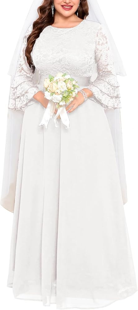 Plus Size Maxi Dress Floral Lace Contrast Chiffon Evening Gown Ruffle Bell Sleeve Crew Neck Forma... | Amazon (US)