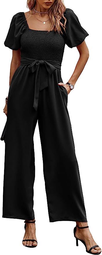 Angashion Women's Jumpsuits Square Neck Puff Short Sleeve Smocked Waist Wide Leg Outfit Rompers P... | Amazon (US)