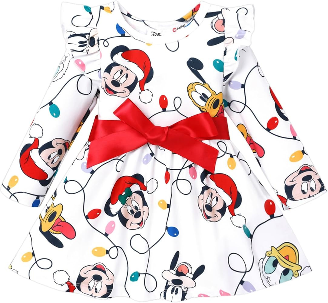 Disney Mickey Toddler Baby Girl Christmas Minnie Print Bow Tie Long Sleeve Tutu Dress | Amazon (US)