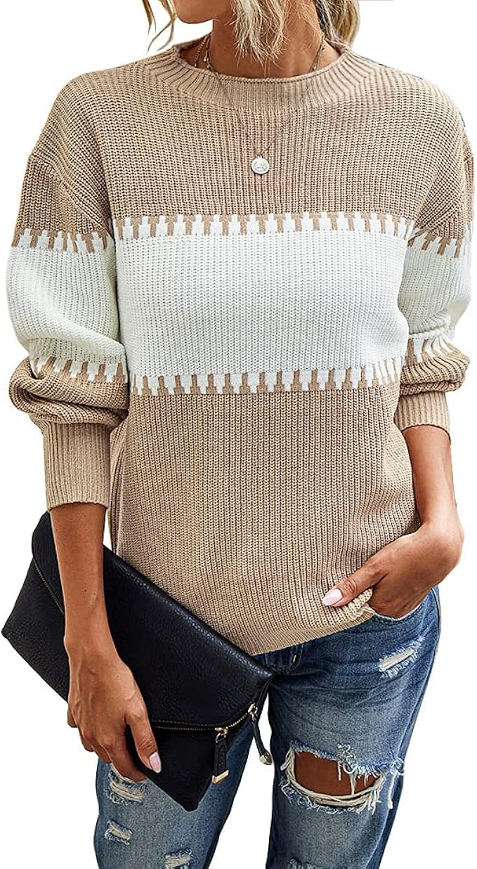 Womens Color Block Knit Sweater Long Sleeve Crewneck Loose Jumper Pullover Tops | Amazon (US)