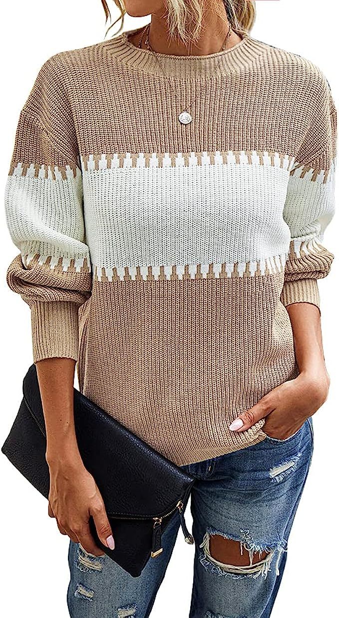 Womens Color Block Knit Sweater Long Sleeve Crewneck Loose Jumper Pullover Tops | Amazon (US)