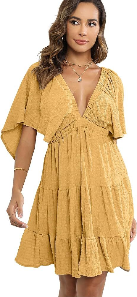 Women's Summer V-Neck, Tiered Silhouette with Flutter Sleeves Mini Dress for Casual | Amazon (US)