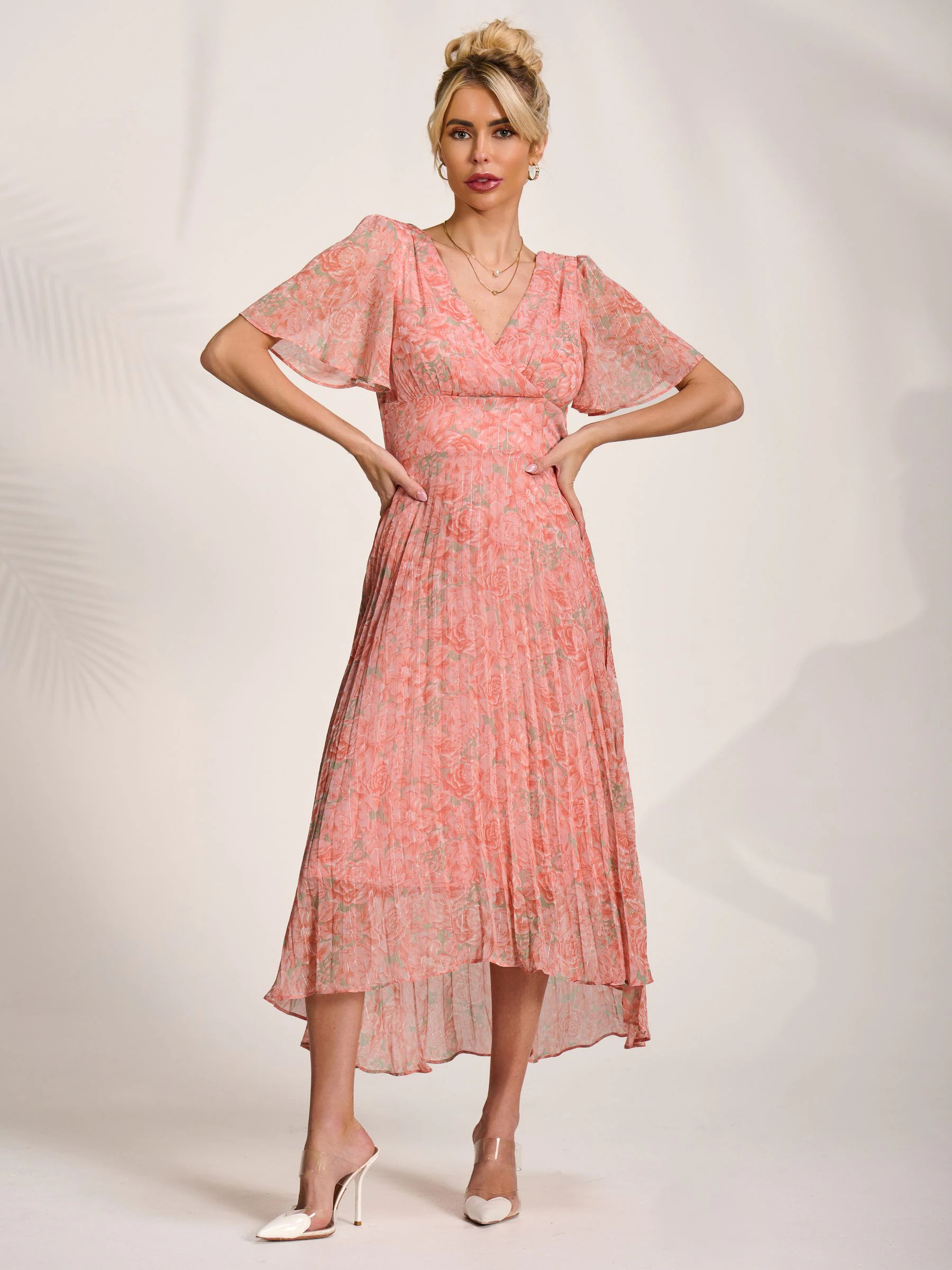 Jolie Moi Jolie Moi Pink Floral Pleated Dip Hem Maxi Dress | Next US