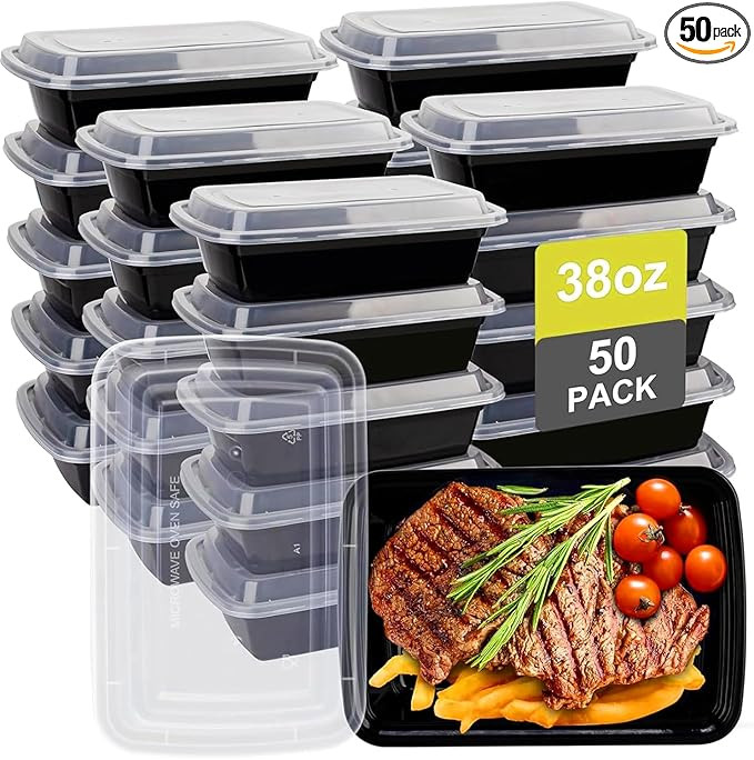 Meal Prep Containers Reusable - 38oz Food Storage Containers with Lids - 50 Pack Plastic To Go Fo... | Amazon (US)
