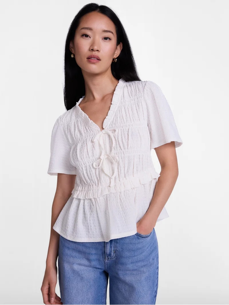 Scenario Women's and Women's Plus Textured Tie Front Top, Sizes XS-4X | Walmart (US)