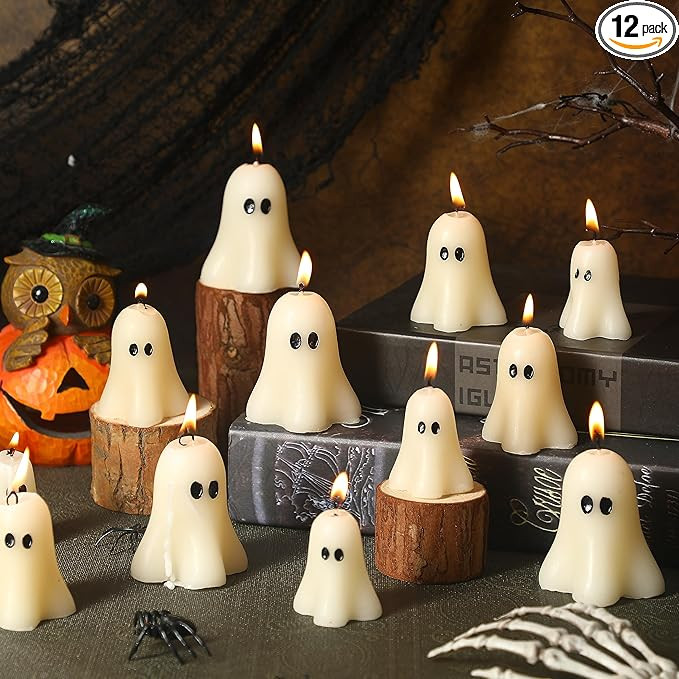 MTLEE 12 Pcs Large Halloween Ghost Candles Spooky Burning Candle Cute Ghost Shaped Halloween Deco... | Amazon (US)