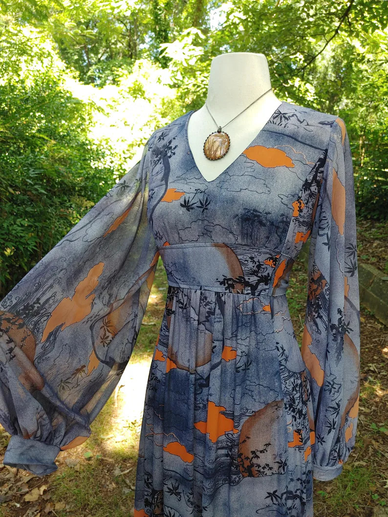 1970s Psychedelic Novelty Print Moon Tropical Bishop Sleeve Maxi 70s prairie dress cottagecore di... | Etsy (Global)