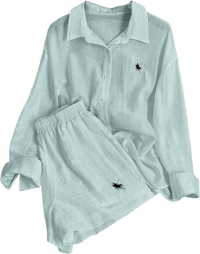 SweatyRocks Women's 2 Piece Outfits Button Down Shirts Lounge Linen Sets and Mini Shorts Pajama G... | Amazon (US)