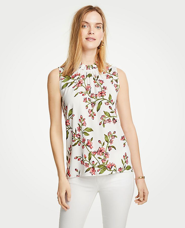 Petite Floral Corded Ruffle Neck Shell | Ann Taylor (US)