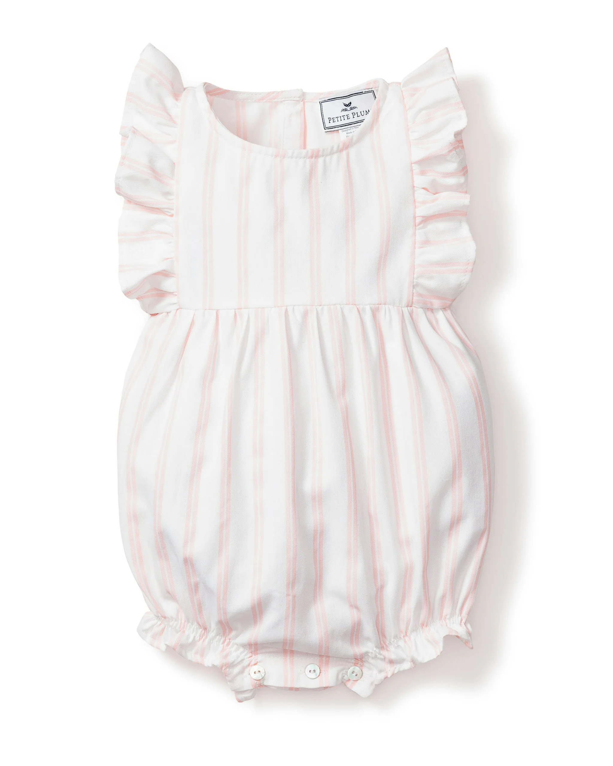 Baby's Twill Ruffled Romper in Pink and White Stripe | Petite Plume