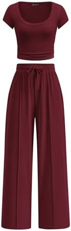 PRETTYGARDEN Women's 2 Piece Matching Lounge Sets Ribbed Short Sleeve Crop Tops Wide Leg Pants 20... | Amazon (US)