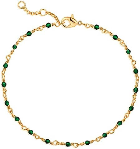 MEVECCO Dainty Gold Beads Bracelets,18K Gold Plated Handmade Cute Emerald Zircon Bead Chain Minim... | Amazon (US)