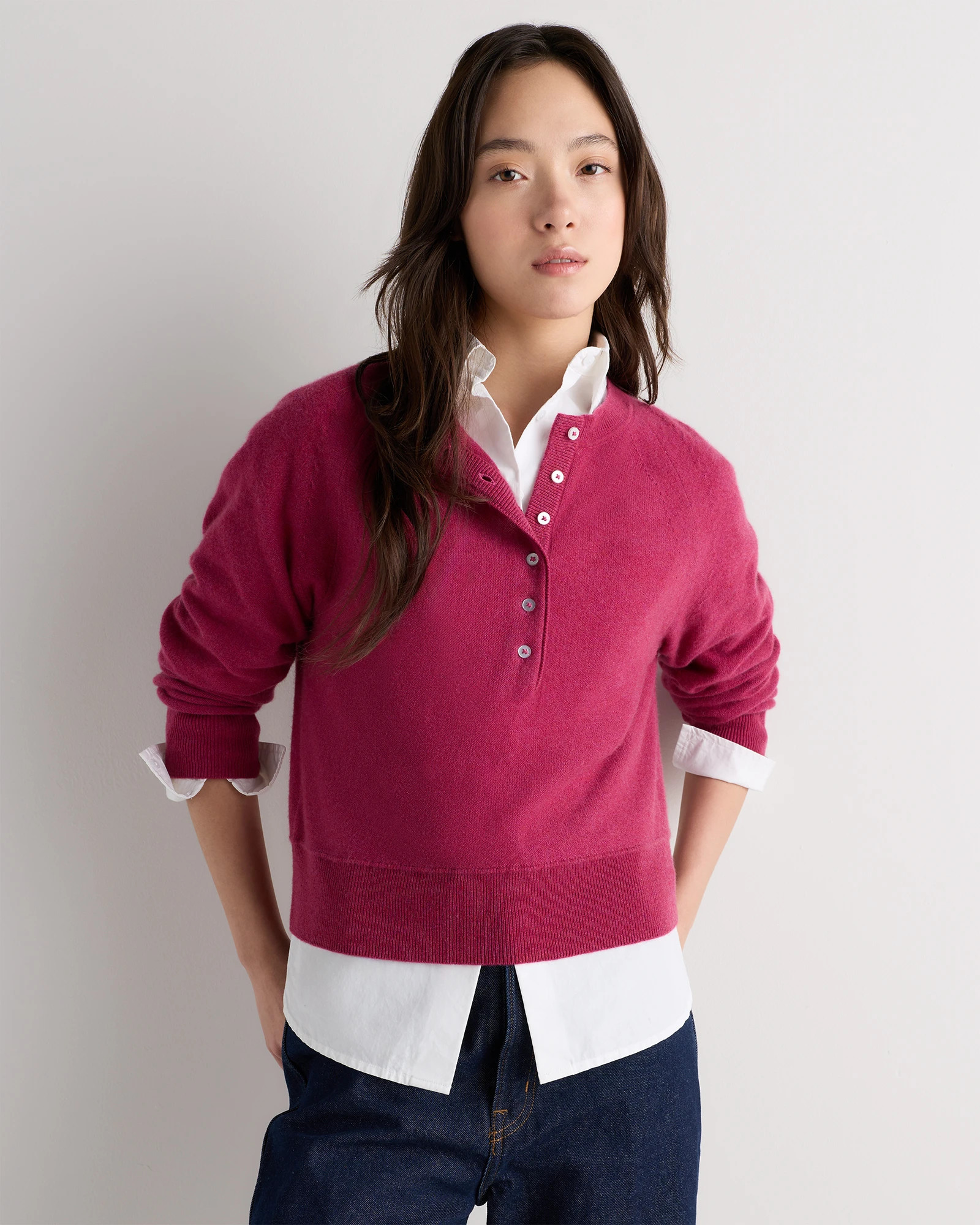 Quince | Women's Mongolian Cashmere Dolman Sleeve Henley Sweater in Heather Grey, Size Small | Quince