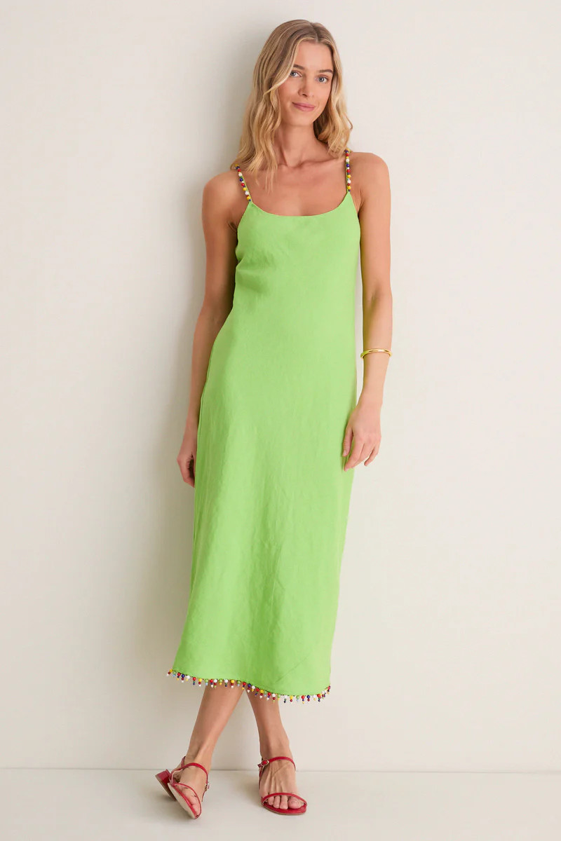 Riviera Green Linen Scoop Neck Beaded Dress | Tuckernuck (US)