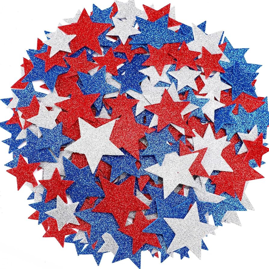 JULBEAR 300 Pcs Patriotic Glitter Star Foam Stickers Red Blue Silver Glitter Star Self-Adhesive S... | Amazon (US)