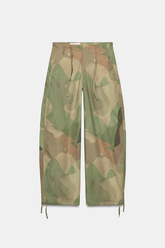 Zara - Printed Wide-Leg Drawstring Pants - Khaki - 29 (Us 8) - Woman | Zara US