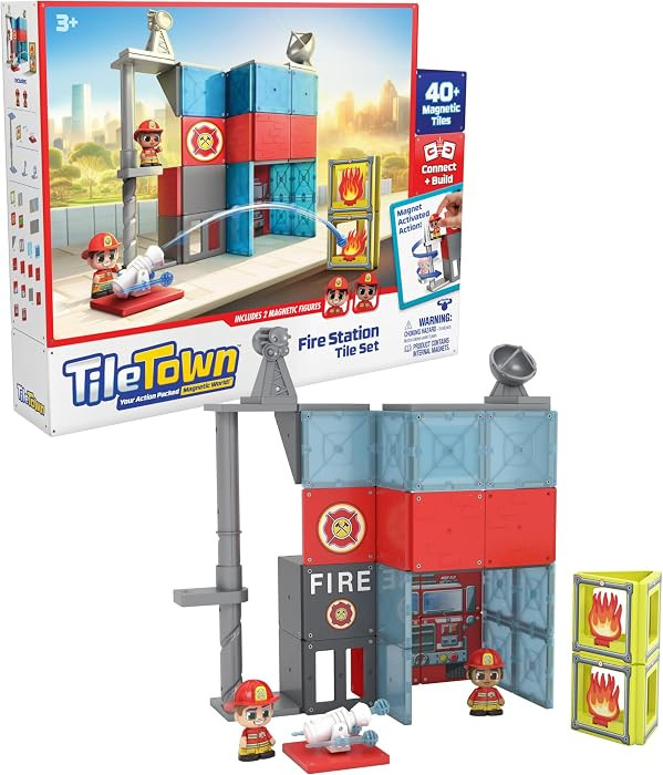 Tile Town Fire House Magnetic Tiles Construction Building Playset + Figures, Kids 3-5+, New Actio... | Amazon (US)