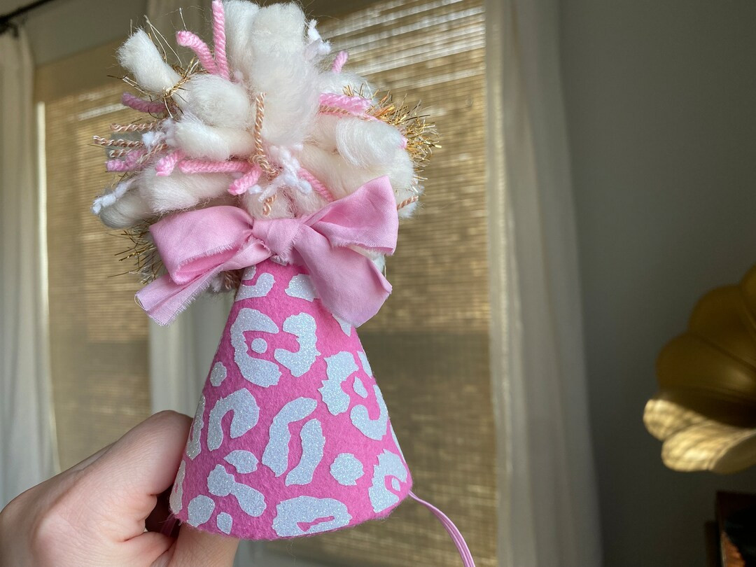 Leopard Print Birthday Hat | Whimsical Party | Kids Photoshoot Prop | pink white glitter | pom po... | Etsy (US)