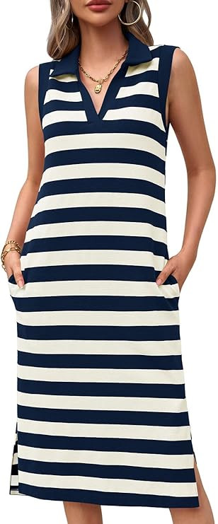 Wenrine Women's Striped Summer Dress Casual Polo V Neck Sleeveless Slit Loose Fit T Shirt Midi Dr... | Amazon (US)