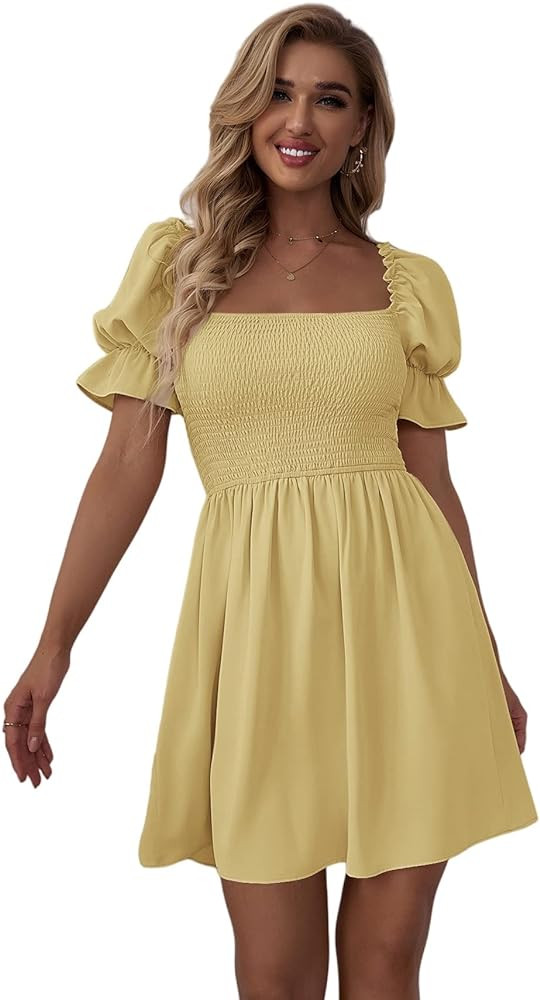 WDIRARA Women's Square Neck Flounce Short Sleeve Shirred Ruffle Hem Dress | Amazon (US)