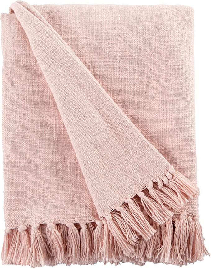 Sticky Toffee Blush Pink Woven Cotton Throw Blanket with Fringe, Textured Throw Blankets, Thick a... | Amazon (US)