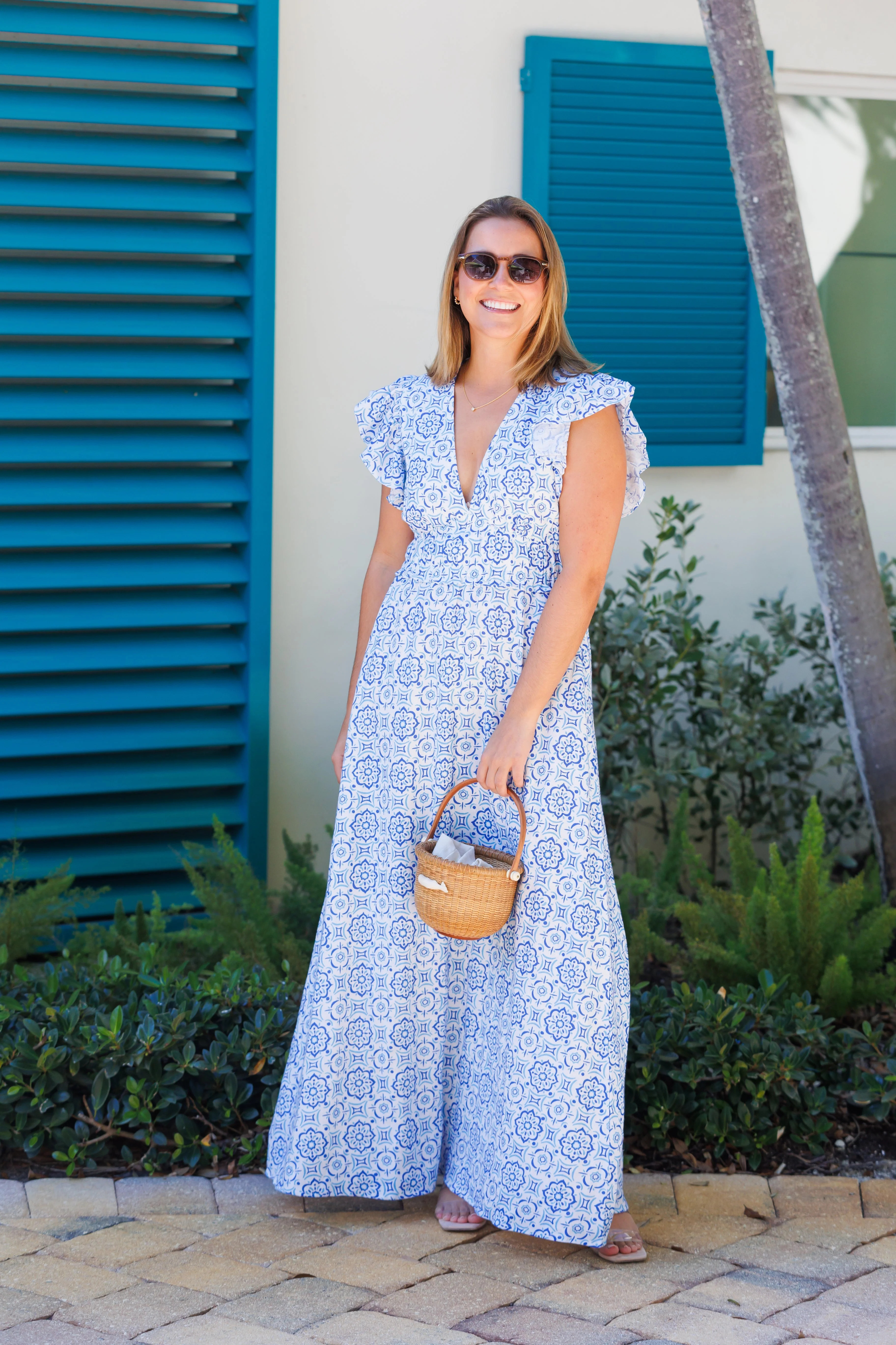 Blue Medallion V-Neck Flutter Sleeve Maxi Dress | Sail to Sable