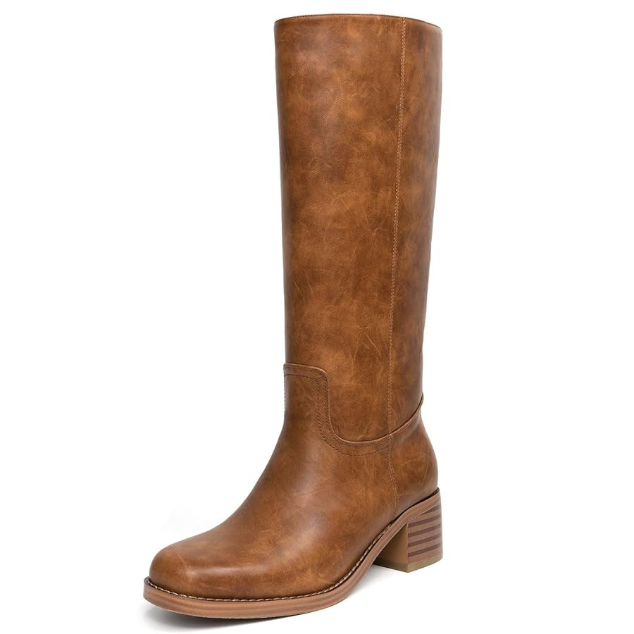 Platform Women's Knee High Square Toe Chunky Block Heel Long Wide Calf Riding Pull On Campus Boot... | Amazon (US)