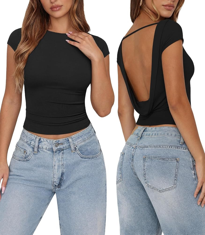 LIWEIKE Womens Backless Going Out Tops Boat Neck Short Sleeve Double Lined Sexy Open Back Fitted ... | Amazon (CA)