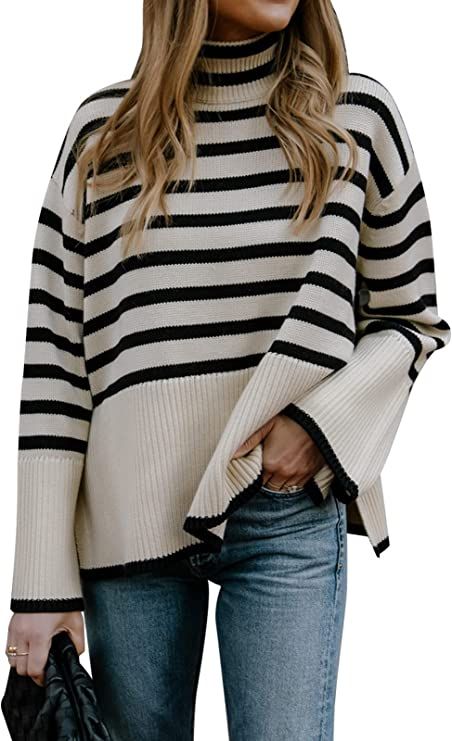 Gyrans Women's Long Sleeve Striped Sweater Turtleneck Casual Loose Side Split Ribbed Knit Pullove... | Amazon (US)