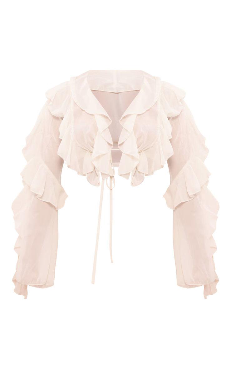 Cream Extreme Frill Tie Front Flare Sleeve Blouse | PrettyLittleThing US