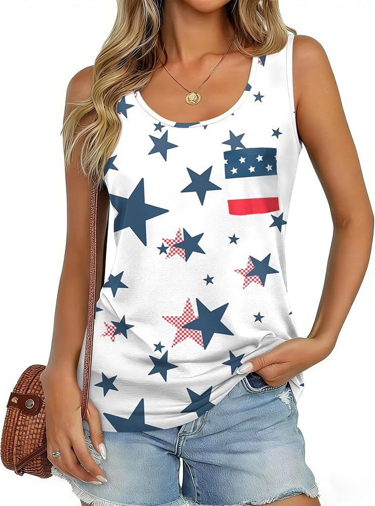 For G and PL Women's July 4th American Flag Sleeveless Tank Top with Pocket | Amazon (US)